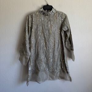 NWT Cross Stitch 100% Organza Silk Oyster Streak Gray Sequin Tunic Top Womens XS